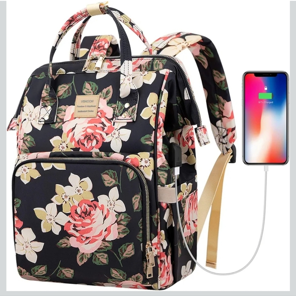 Black And Pink Floral 15in Laptop Backpack